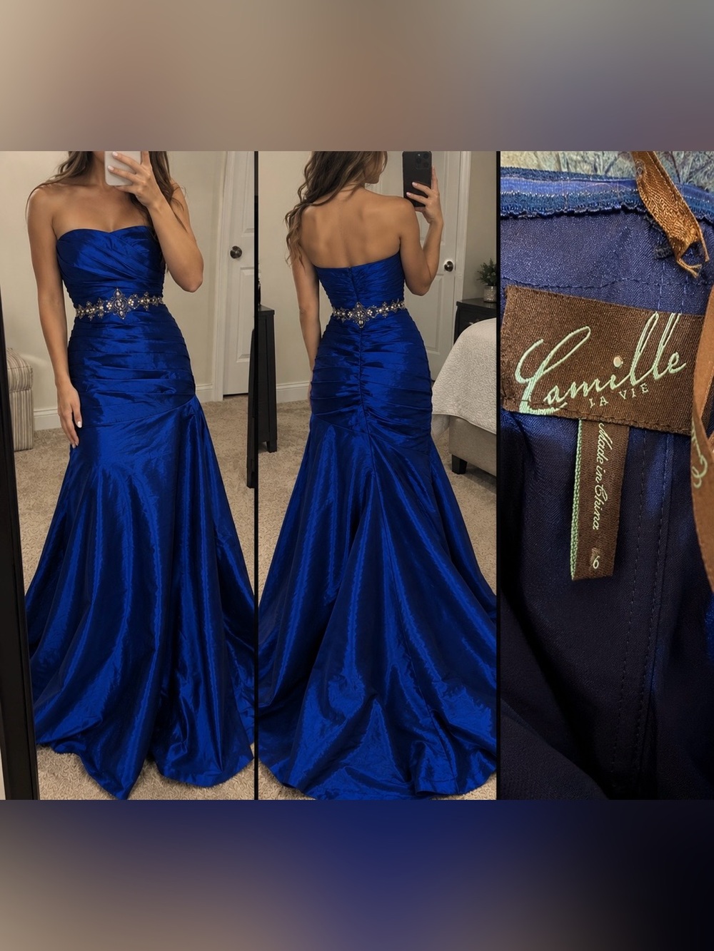 Strapless Royal Blue Ruched Mermaid Gown with Beaded Waist